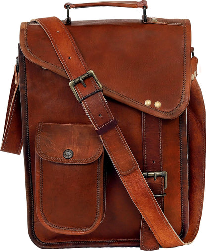 18" leather satchel tablet bag laptop case office briefcase messenger gift for men computer distressed shoulder bag