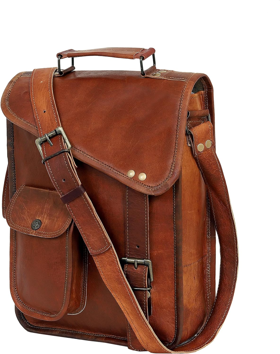 18" leather satchel tablet bag laptop case office briefcase messenger gift for men computer distressed shoulder bag - Hansa Handicraft