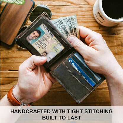 Hansa Handicraft Top Grain Leather Wallet for Men | RFID Blocking | Bifold, Extra Capacity with 2 ID Windows | Ultra Strong Stitching | Slim Billfold with 8 Card Slots | Gift for Him